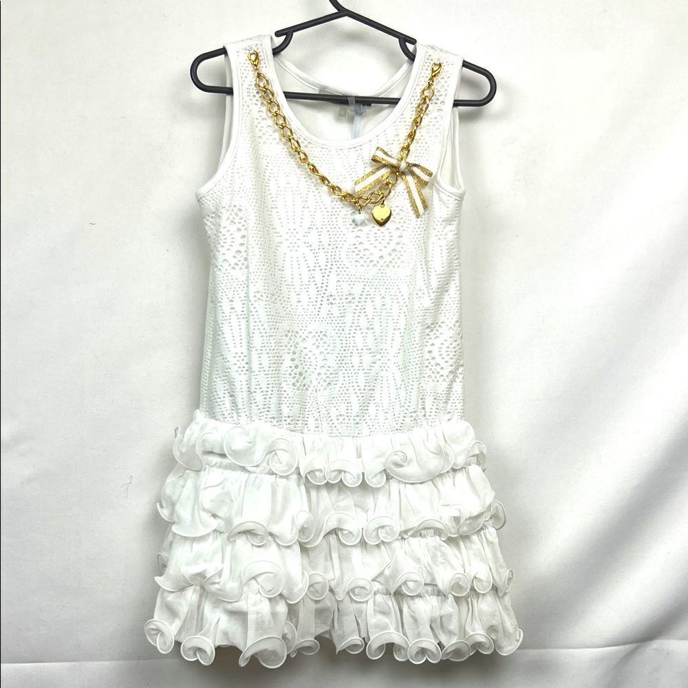 Loredana White Knit Ruffle bottom dress with gold chain NWT size 6(65)